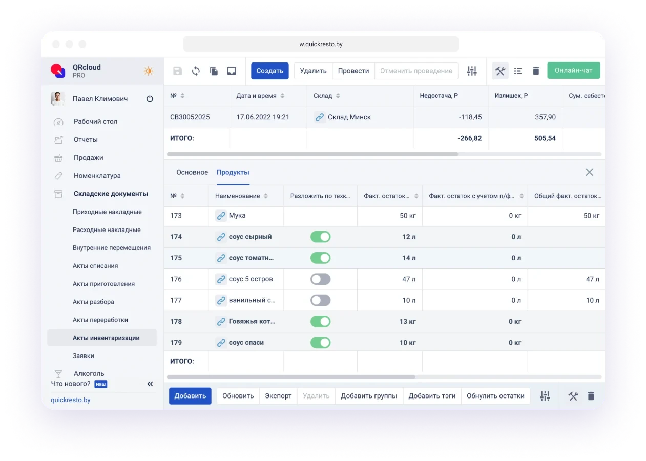 инвентаризация в кафе