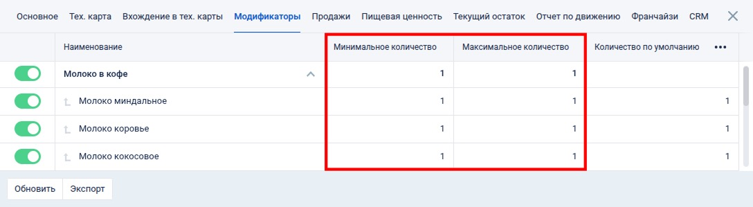 Настройка модификаторов для онлайн-меню